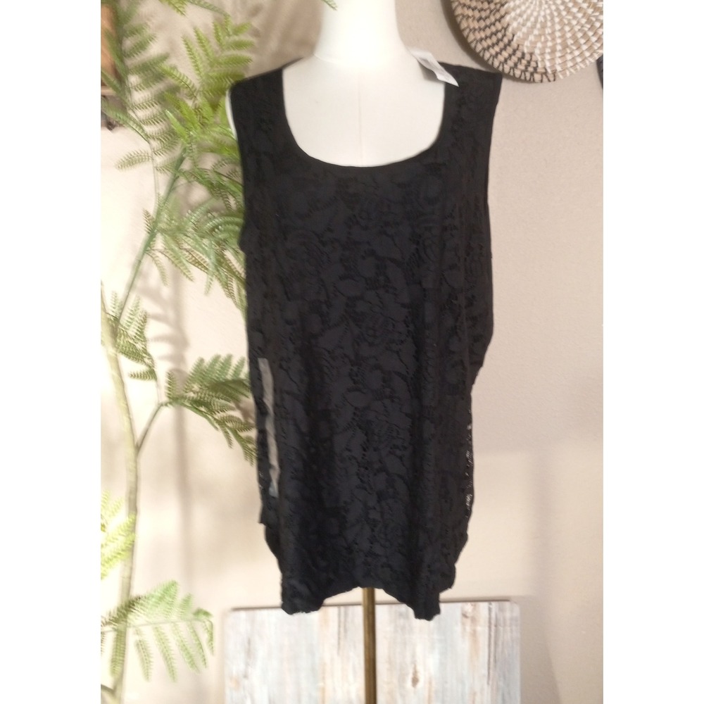 Artisan Woman Black‎ Floral Lace Overlay Sleeveless Scoop Neck Top Plus Size 2X